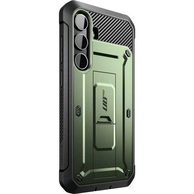 Etui pancerne z osłoną na ekran, z wbudowaną podstawką i kaburą z klipsem obrotowym Supcase Unicorn Beetle Pro do Galaxy S24, zielone